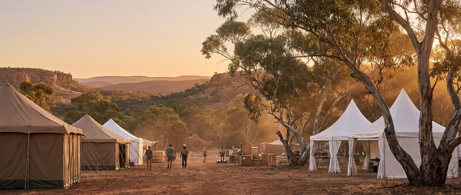Festival site at golden hour, warm low sun across tents and crowd