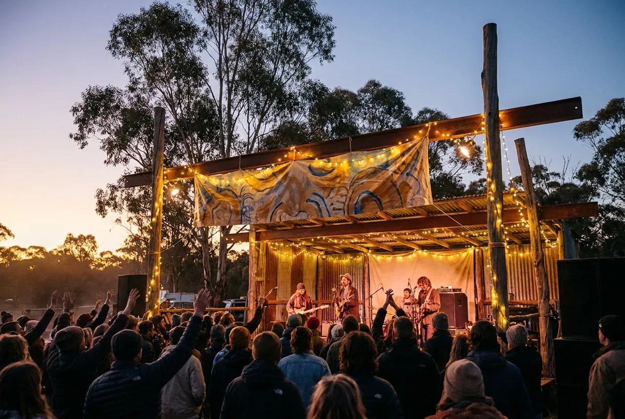 Festival stage at dusk, warm stage lighting glowing over the crowd