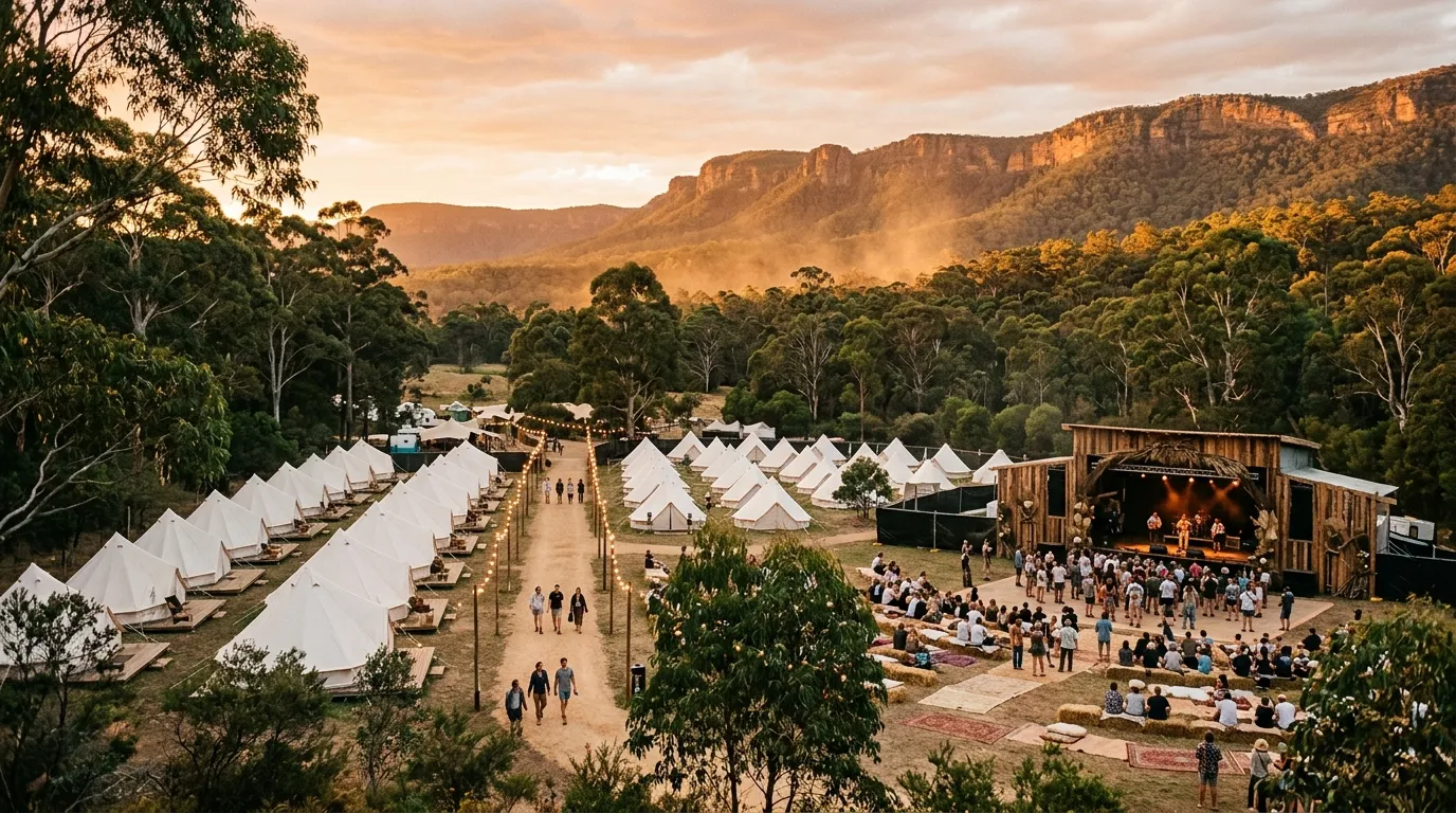 Festival crew on site during setup, carrying equipment at first light